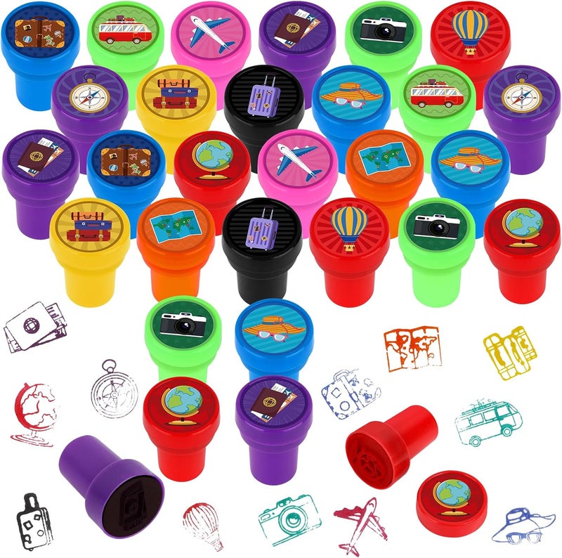 Lemicin 24 Pcs Adventure Travel Print Stamps Colorful Self Inking Stamp Mini Holiday Travel Stamps Birthday Party Favors for Boys Classroom Rewards Carnival Prizes Supplies Adventure Party - Image 1